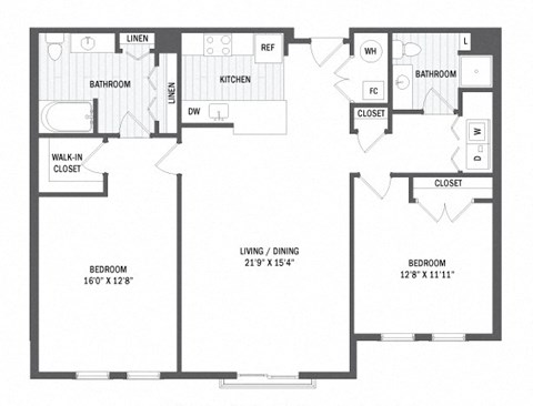 Floor plan for 2 beds, 2 baths, 1149 sqft